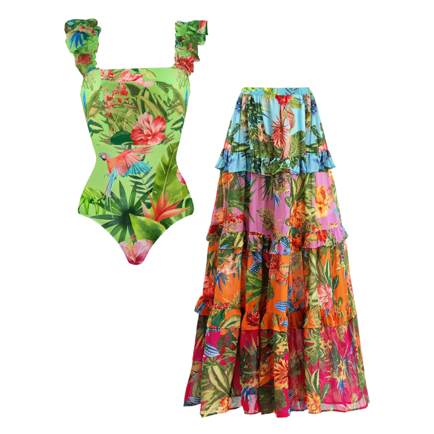 Sling Ruffle Printed One Piece Swimsuit and Skirt