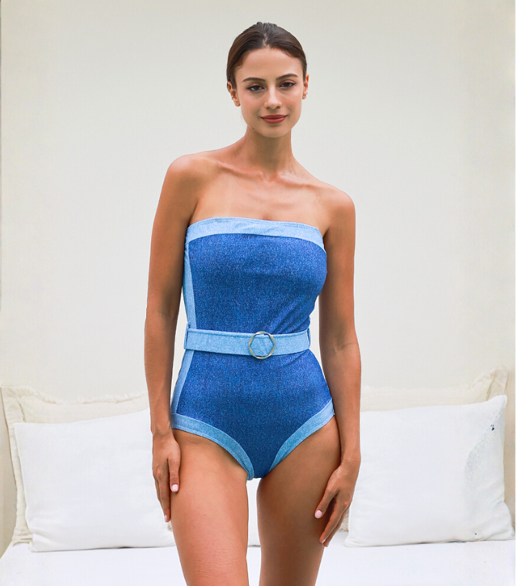 Off Shoulder Denim Pattern Print One Piece Swimsuit and Skirt