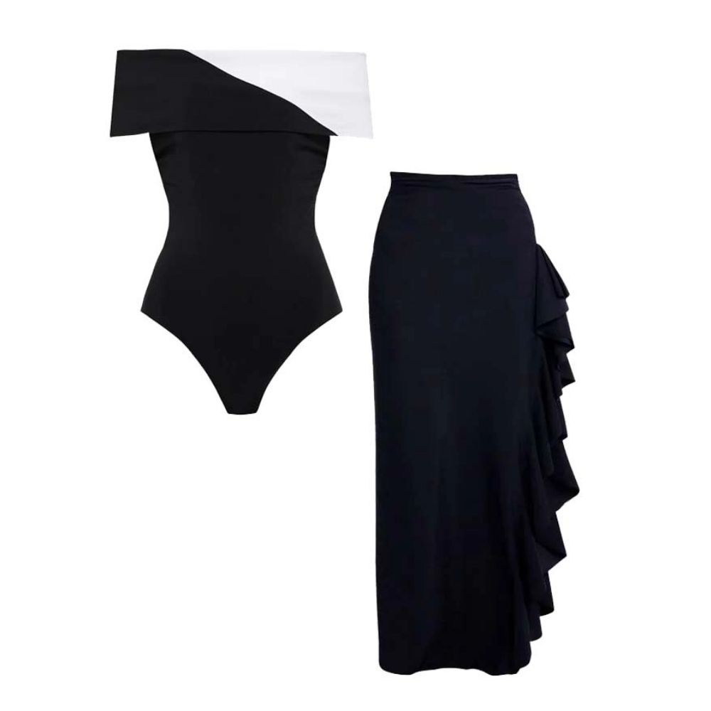 Off Shoulder Color Block One Piece Swimsuit and Skirt