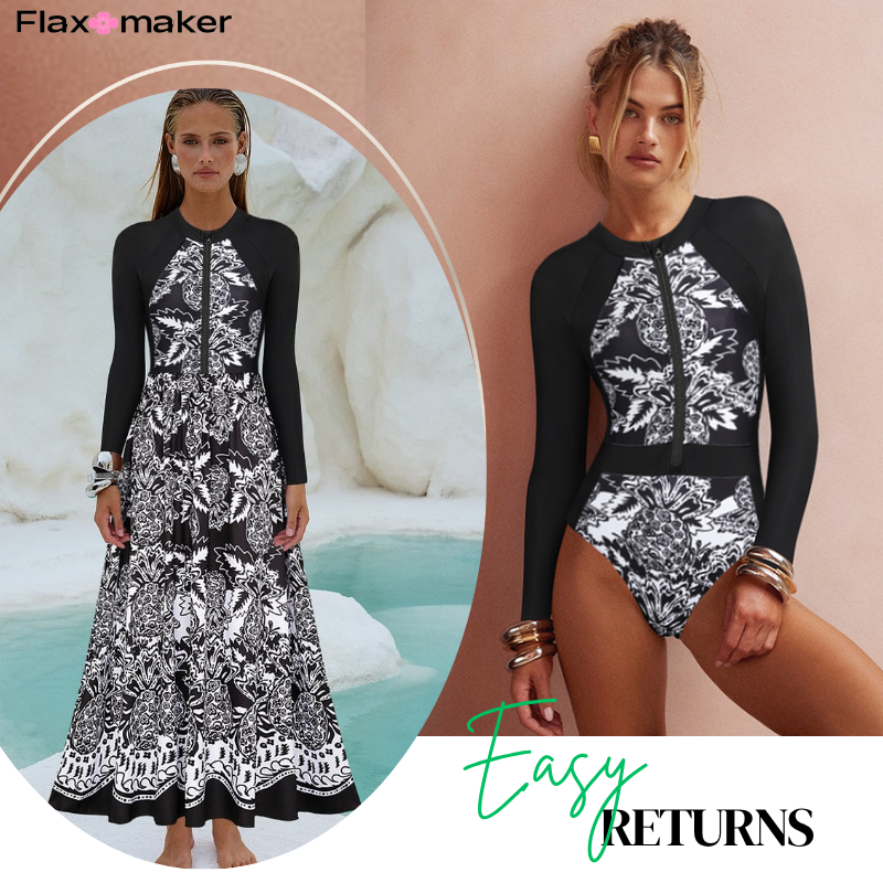Color Block Printed Long Sleeve One Piece Surf Swimsuit and Skirt
