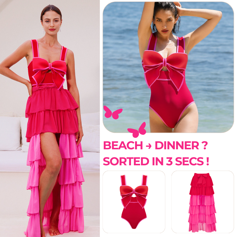 Bow Front Cut Out Color Block One Piece Swimsuit and Skirt Flaxmaker