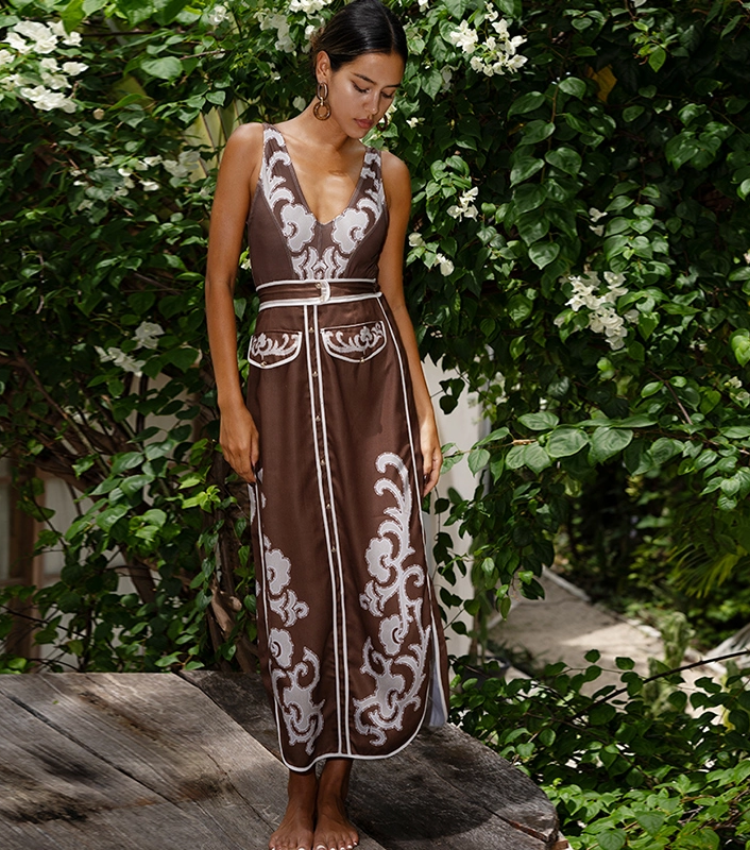 V Neck Belted Ethnic Print One Piece Swimsuit and Skirt Flaxmaker