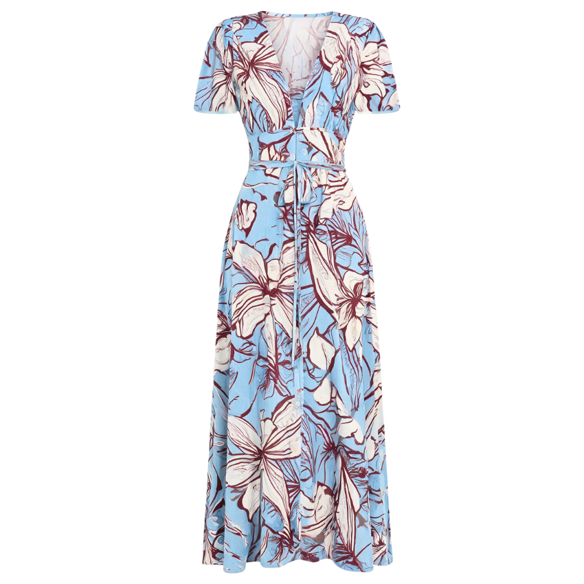 Light Blue Floral Print Short Sleeve Wrap Midi Dress