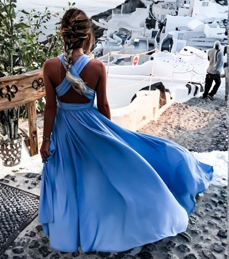 Vacation Cross Straps Blue Slit Dress
