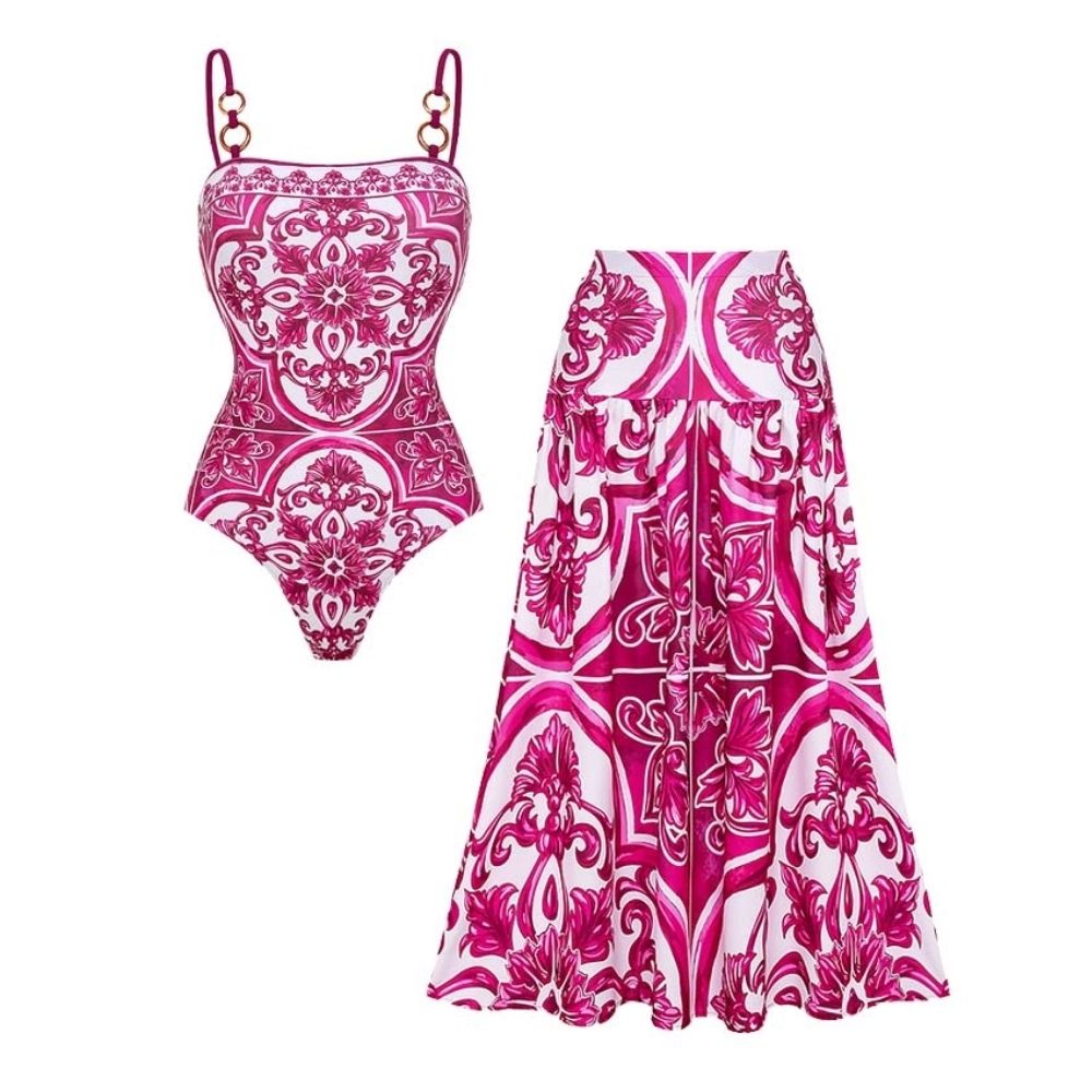 Sling Classic Majolica Series Pattern Print One Piece Swimsuit and Skirt or Shorts