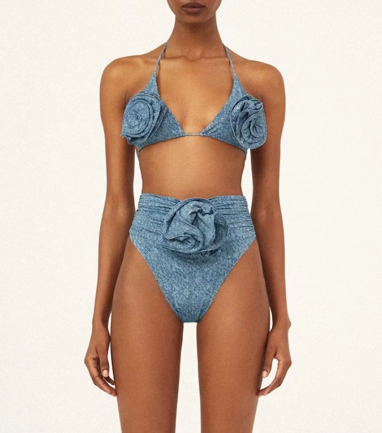 Classic High Waist Flower Denim Print Bikini Swimsuit and Skirt Flaxmaker