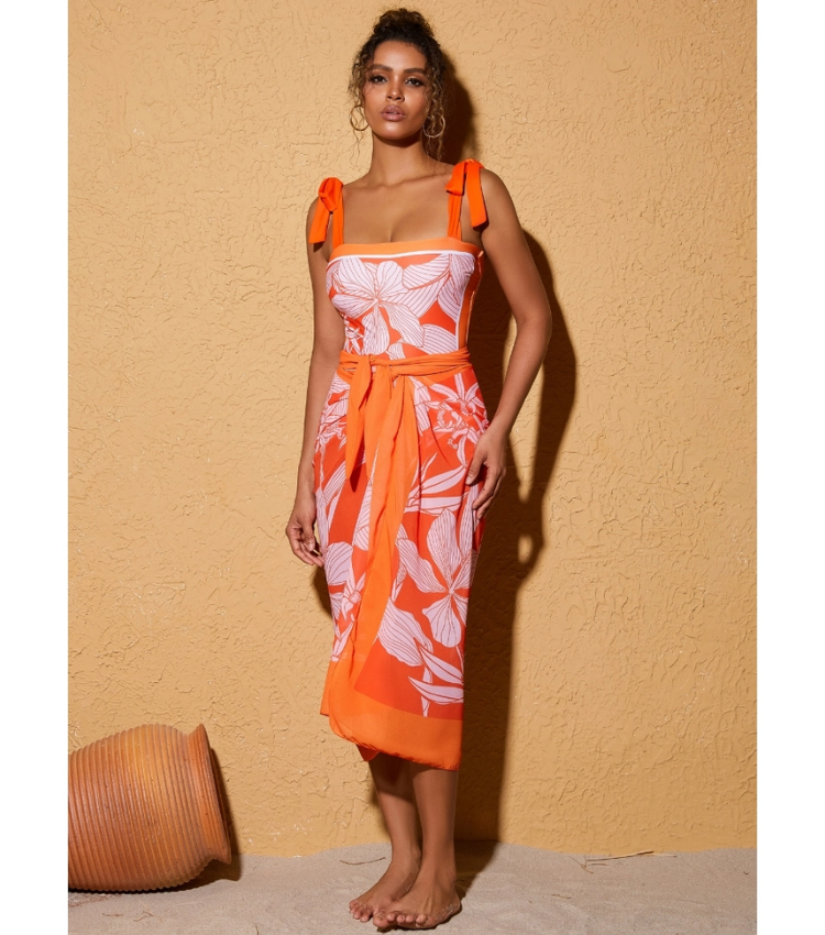 Tie Shoulder Orange Print One Piece Swimsuit and Sarong Flaxmaker