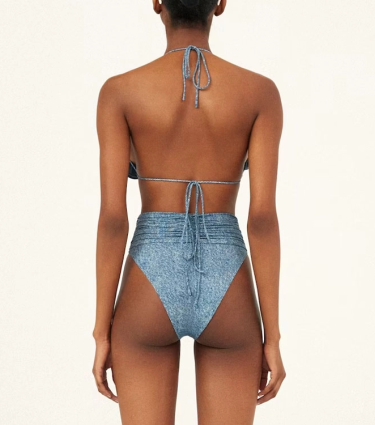 One Shoulder Cutout Denim Printed One Piece Swimsuit and Skirt Flaxmaker