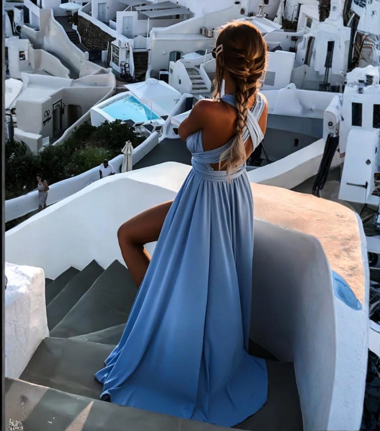 Vacation Cross Straps Blue Slit Dress