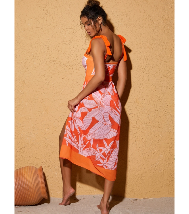 Tie Shoulder Orange Print One Piece Swimsuit and Sarong Flaxmaker