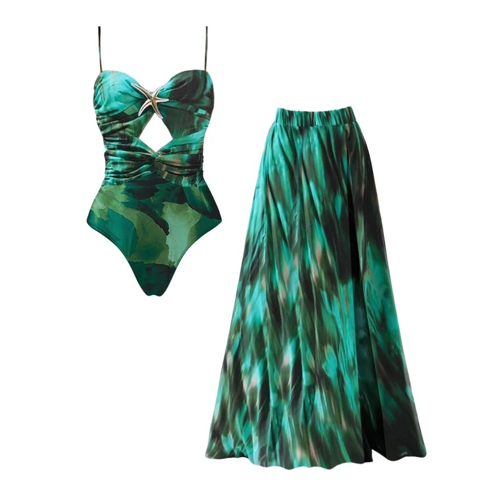 Green Printed Folds One Piece Swimsuit and Skirt