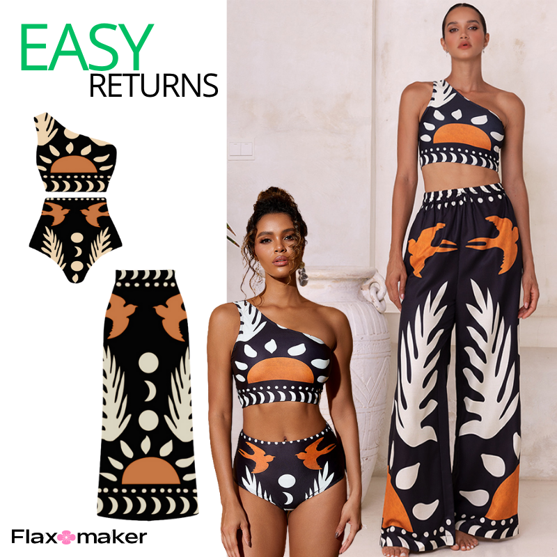 One Shoulder High Waist Bikini Swimsuit and Pants or Skirt Flaxmaker