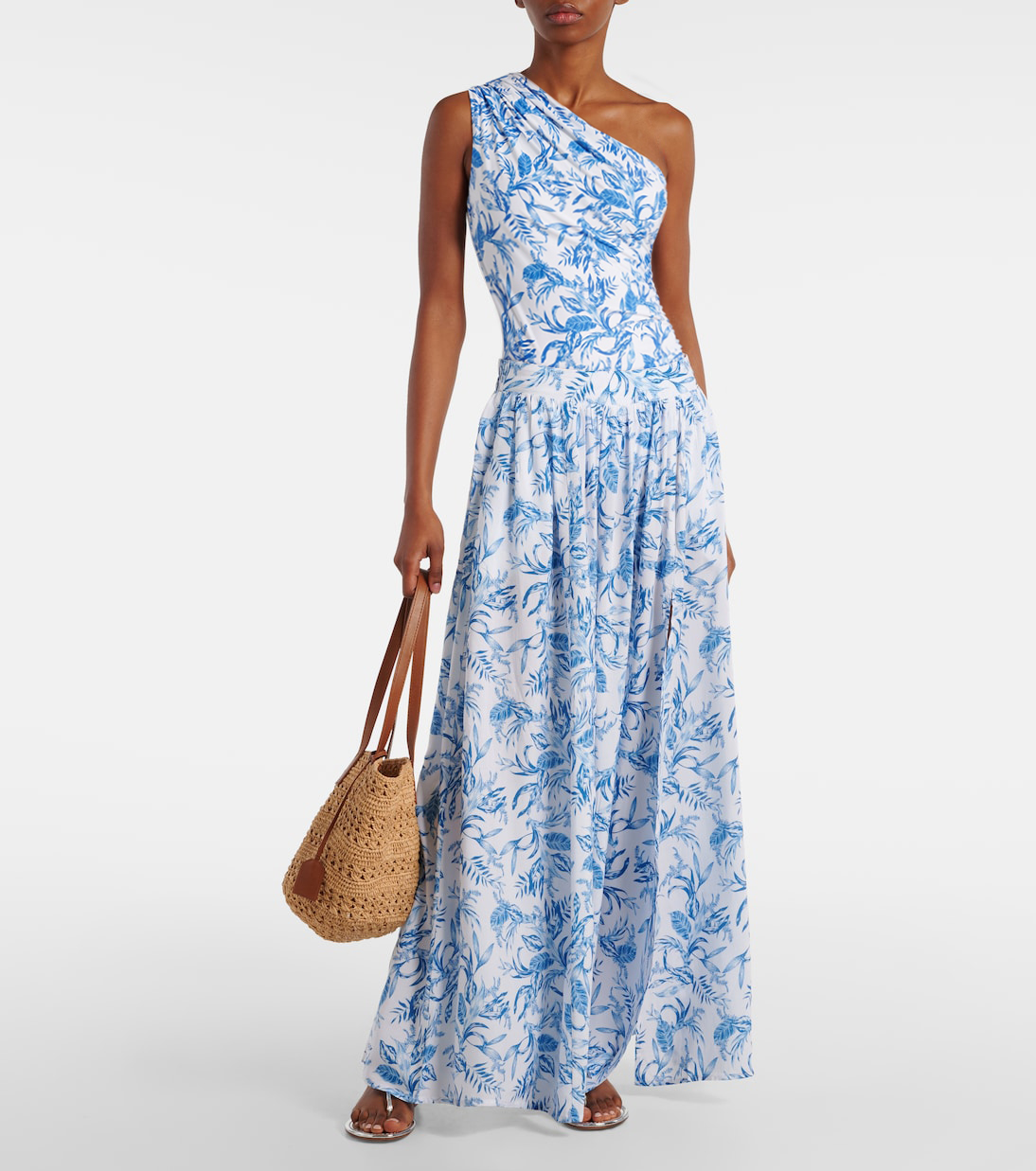 Oblique Shoulder Printed One Piece Swimsuit and Skirt