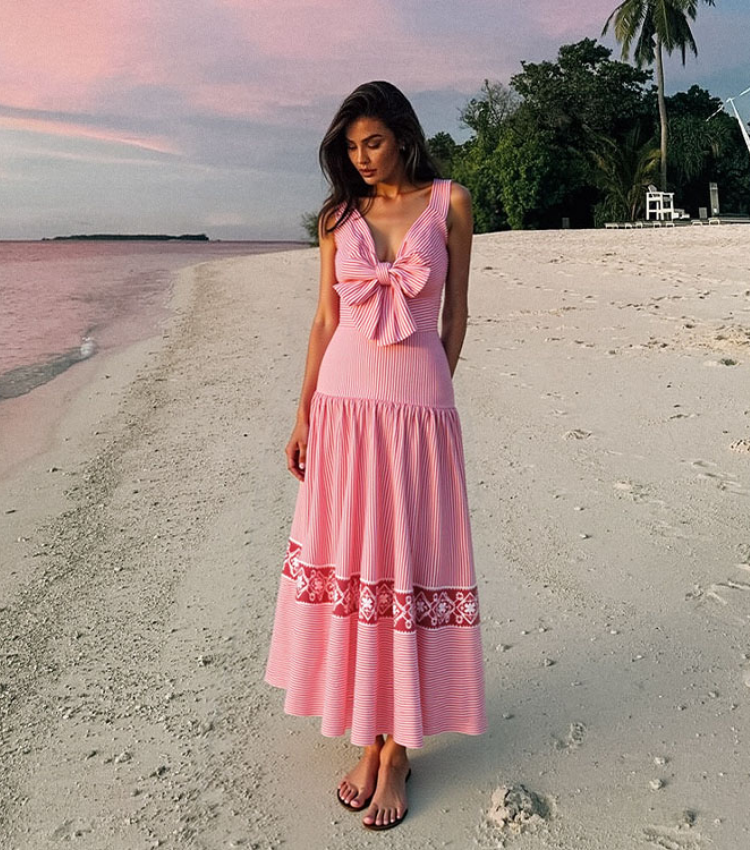 Bowknot Striped Print One Piece Swimsuit and Skirt