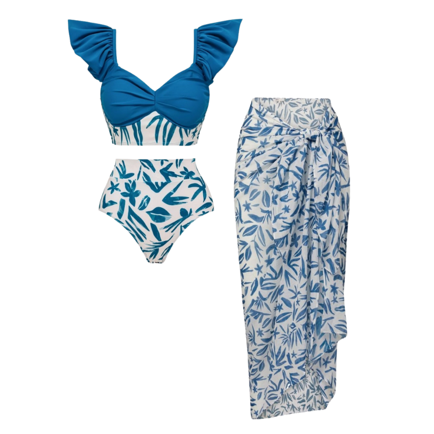 Ruffle Printed Bikini Swimsuit and Sarong