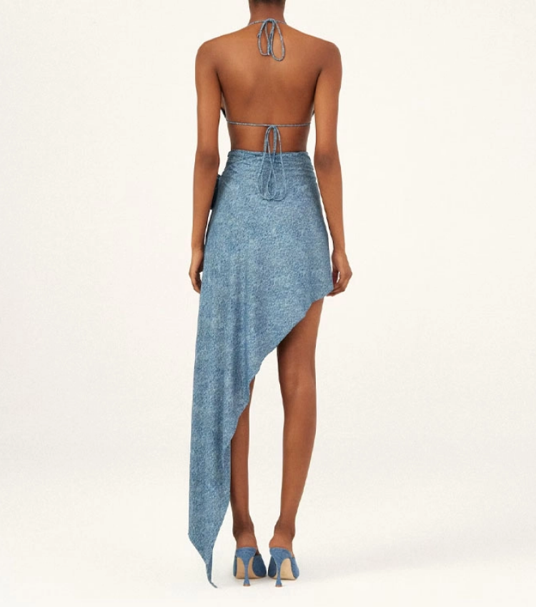 Classic High Waist Flower Denim Print Bikini Swimsuit and Skirt Flaxmaker