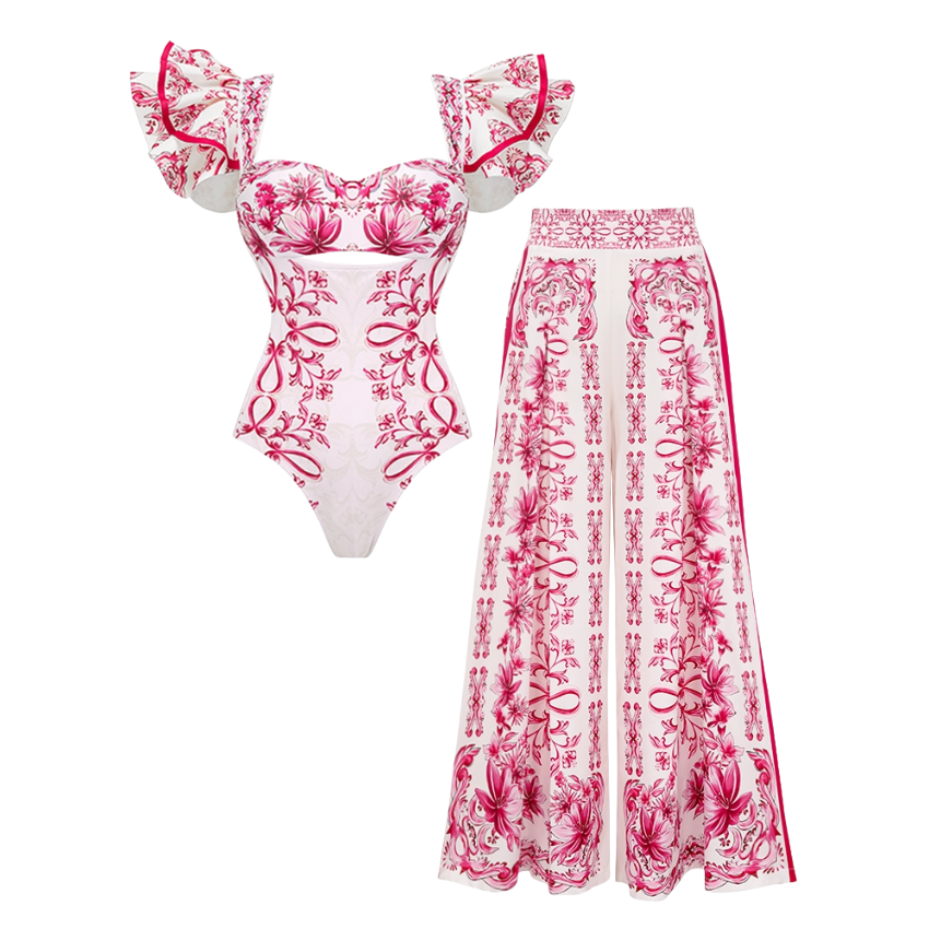 Ruffle Cut Out Lily and Majolica Series Pattern Print One Piece Swimsuit and Skirt or Pants
