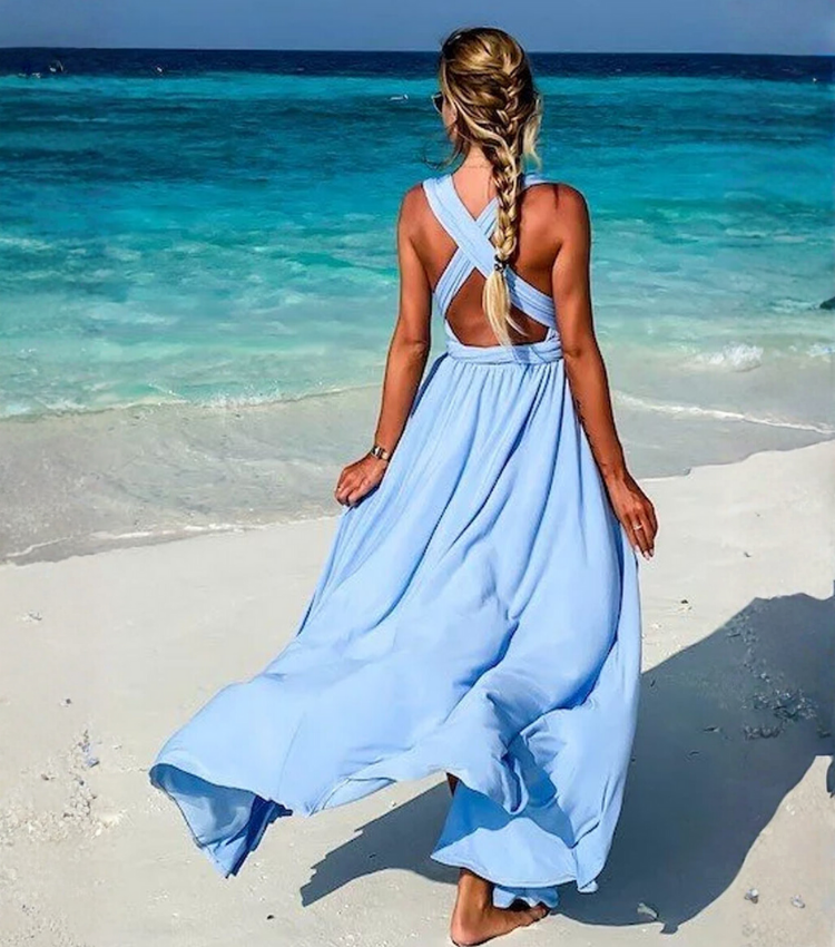 Vacation Cross Straps Blue Slit Dress