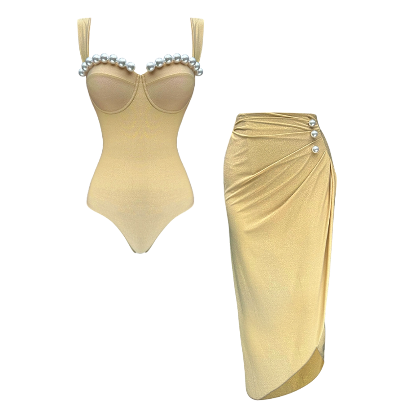 Shiny Fabric Sling Pearl Decor Light Golden One Piece Swimsuit and Skirt