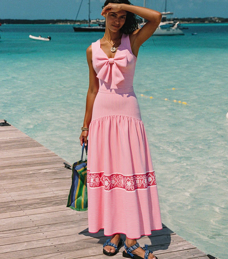 Bowknot Striped Print One Piece Swimsuit and Skirt