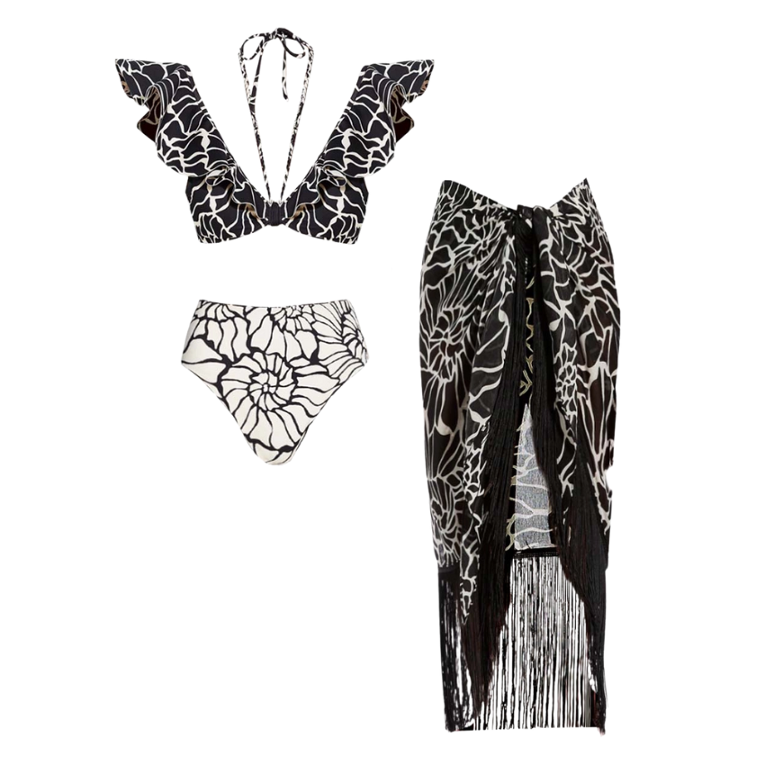 Black and White Conch Thread Bikini Swimsuit and Sarong