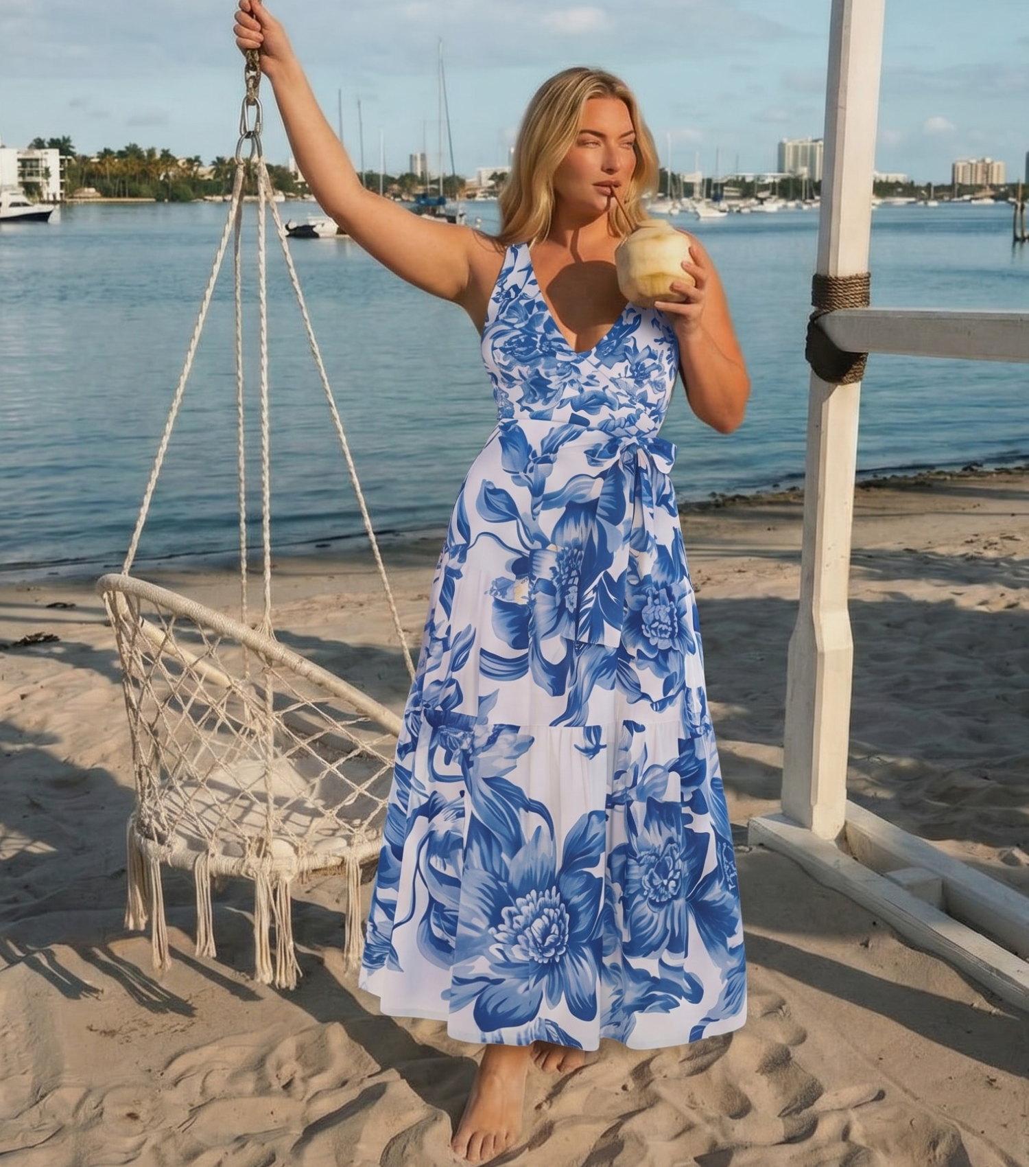 Plus Size V Neck Blue Print Lace Up Swimsuit Set(s)