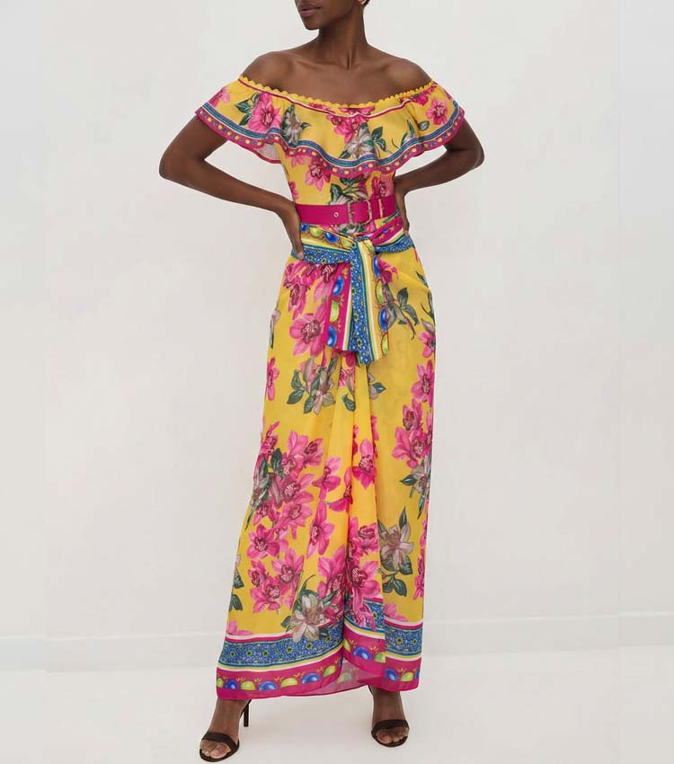 Bandeau Ruffled Orchid Print One Piece Swimsuit and Skirt