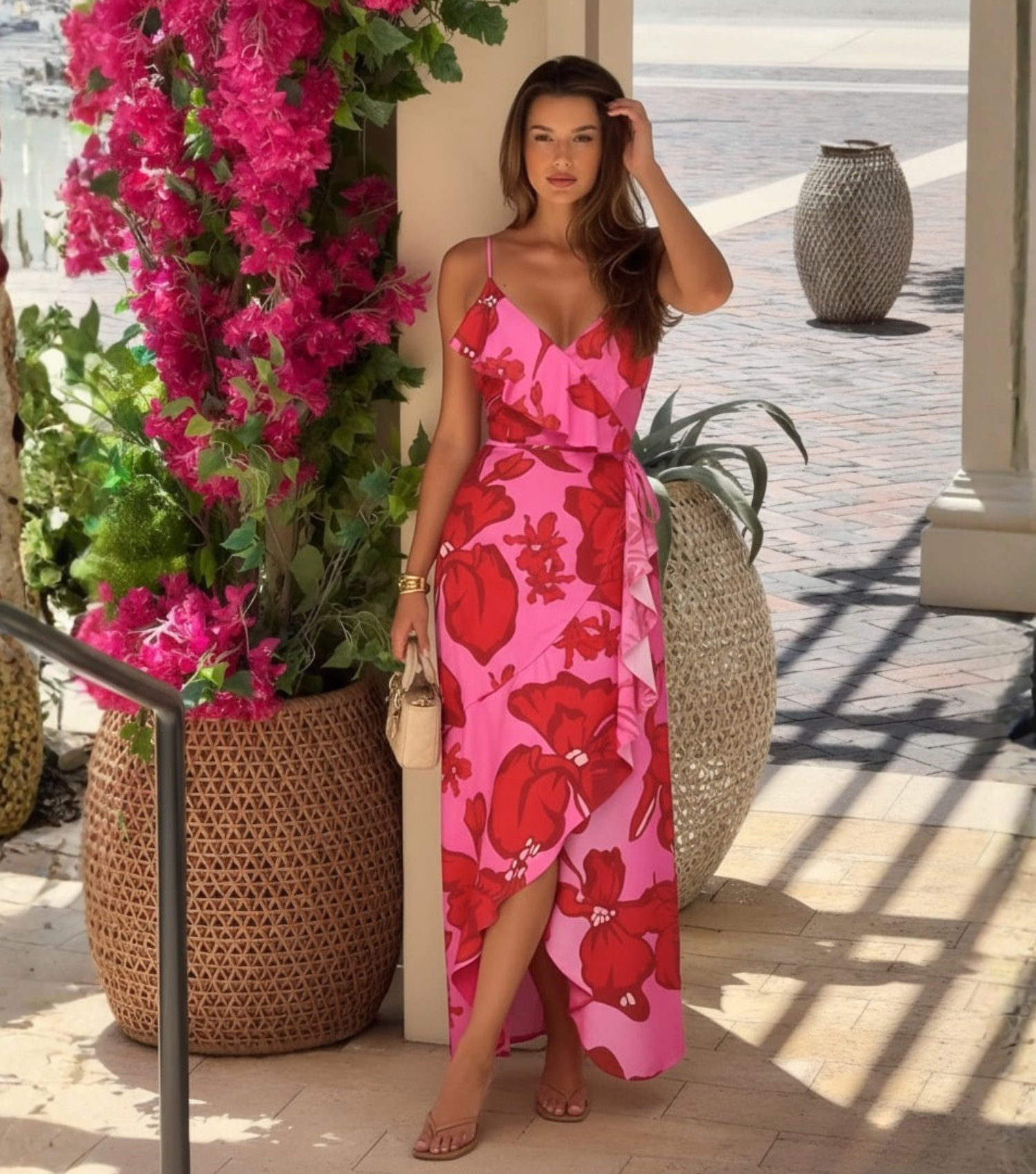 Pink Floral Ruffle Wrap Maxi Dress