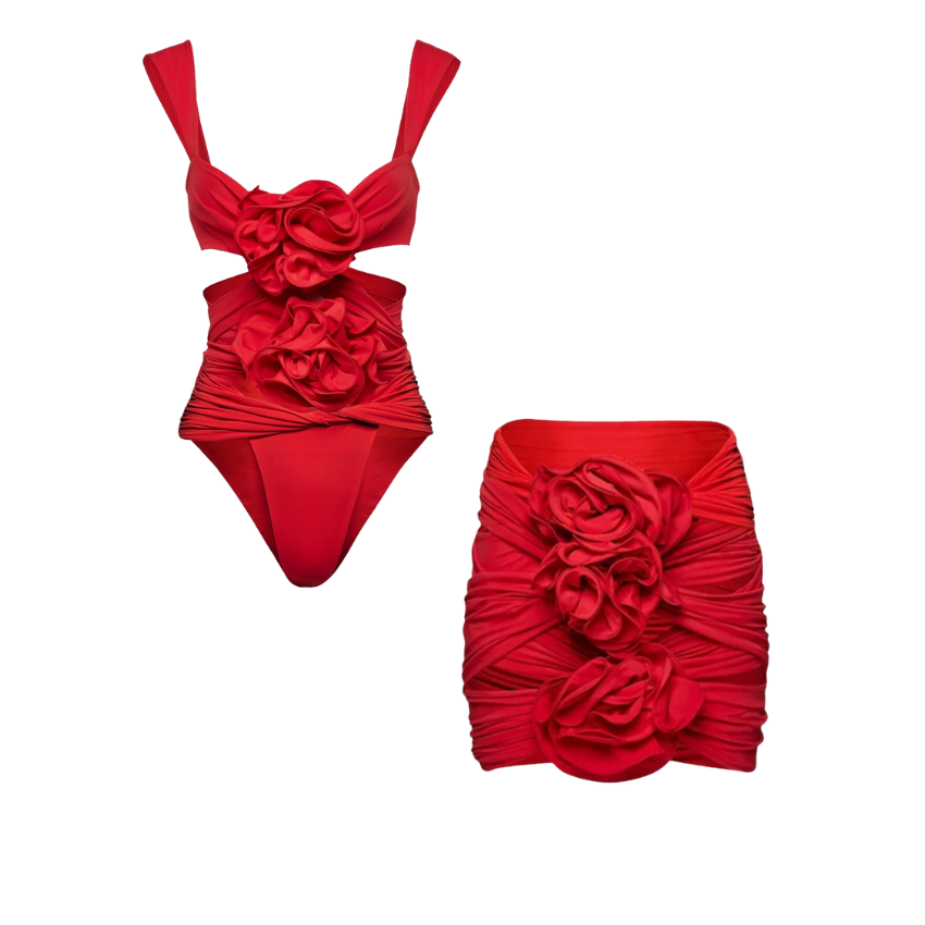3D Flower Cutout One Piece Swimsuit and Skirt Flaxmaker