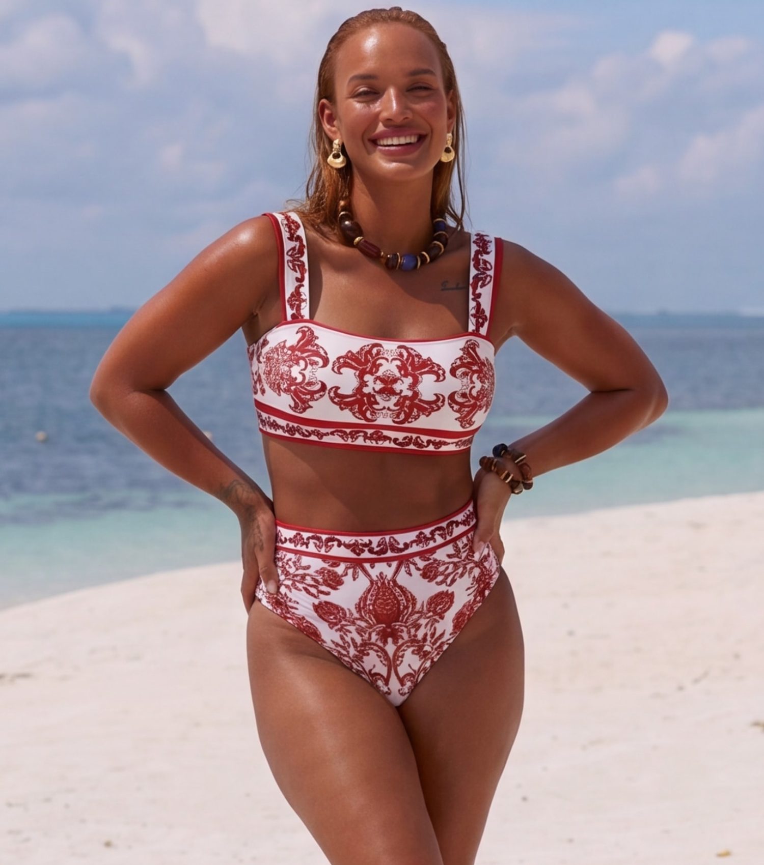Plus Size Red Flower Totem Pattern Print Bikini and Skirt