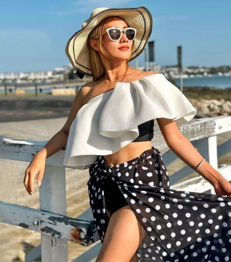 One Shoulder Ruffle Polka Dot Printed Bikini Swimsuit and Sarong Flaxmaker