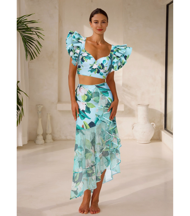 Ruffle Mangnolia Print Bikini Swimsuit and Skirt
