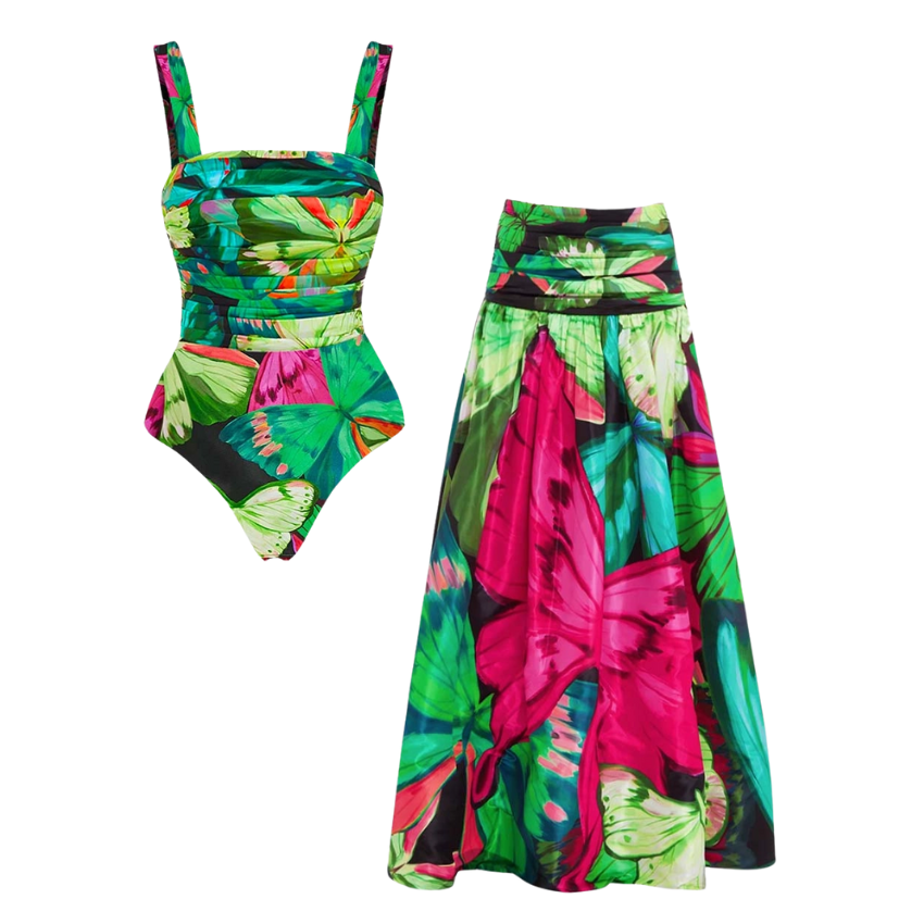 Butterfly Printed One Piece Swimsuit and Skirt