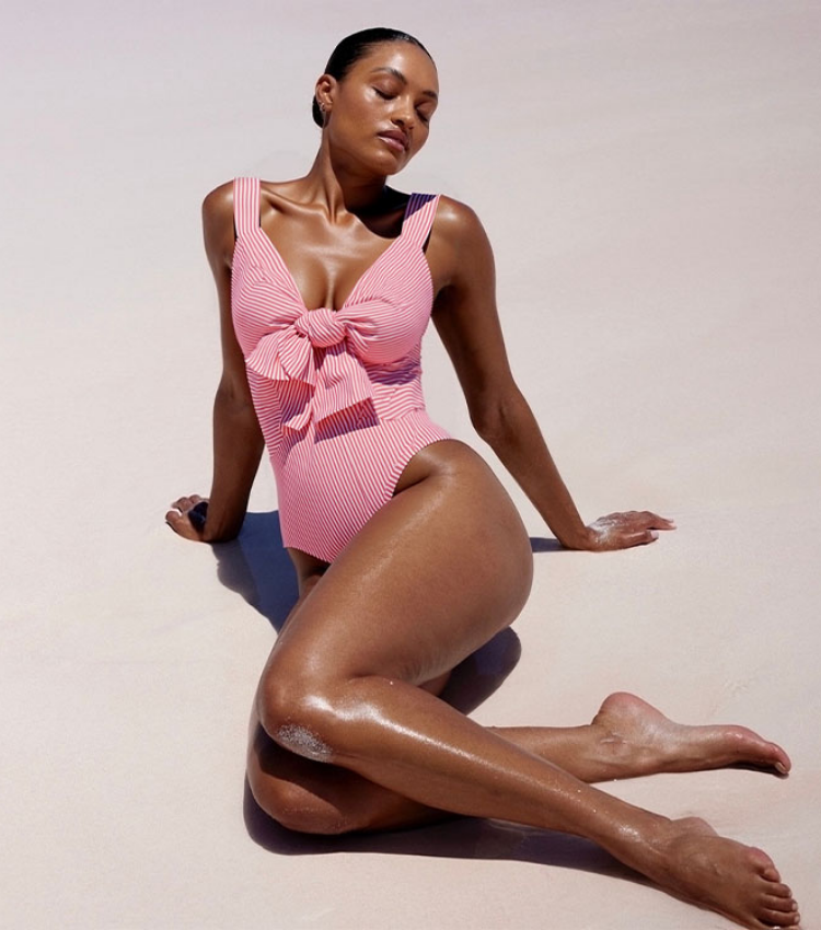 Bowknot Striped Print One Piece Swimsuit and Skirt