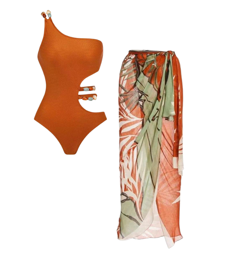 Beaded Cutout One Shoulder One Piece Swimsuit and Sarong Flaxmaker