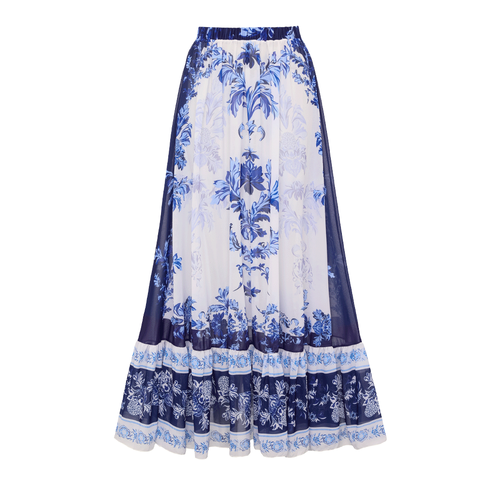 Long Sleeve Flower Color Block Print One Piece Swimsuit and Skirt/Pants