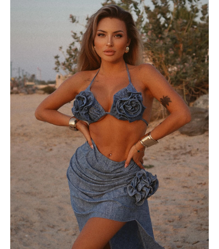 Classic High Waist Flower Denim Print Bikini Swimsuit and Skirt Flaxmaker