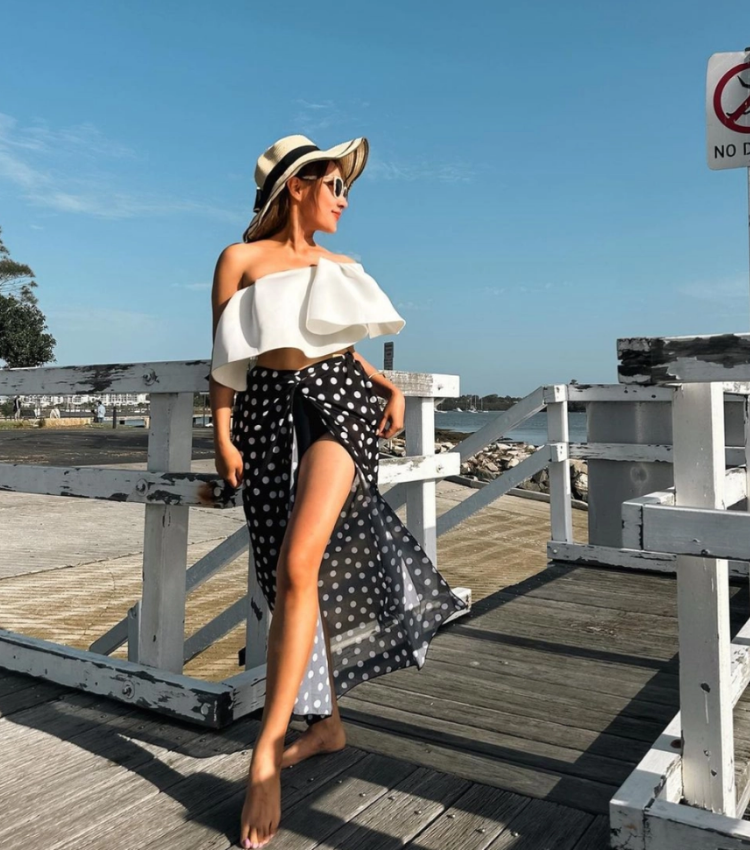 One Shoulder Ruffle Polka Dot Printed Bikini Swimsuit and Sarong Flaxmaker