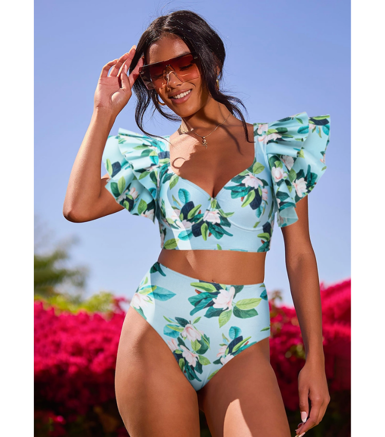 Ruffle Mangnolia Print Bikini Swimsuit and Skirt