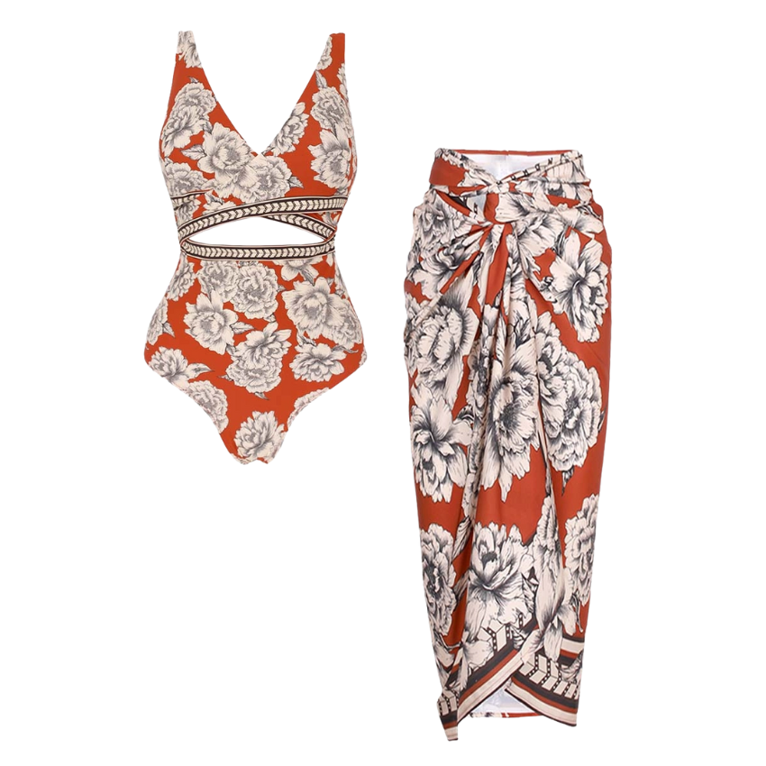 Peony Printed One Piece Swimsuit and Sarong