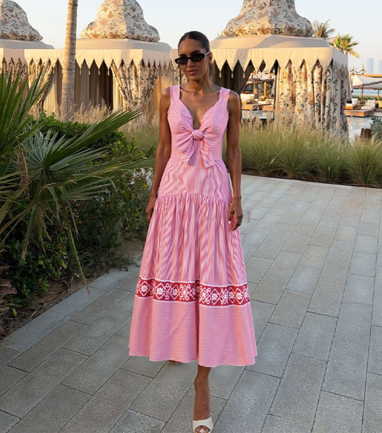 Bowknot Striped Print One Piece Swimsuit and Skirt