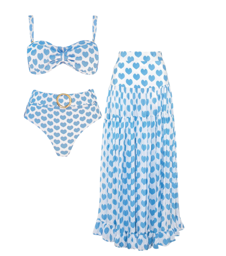 Heart Print Bikini Swimsuit and Skirt