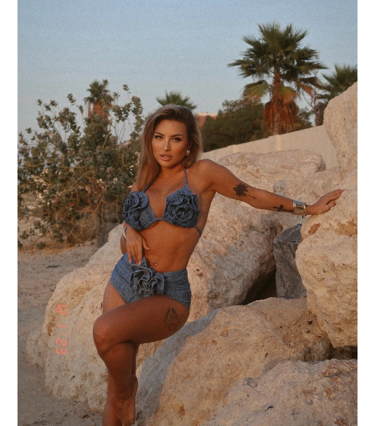 Classic High Waist Flower Denim Print Bikini Swimsuit and Skirt Flaxmaker