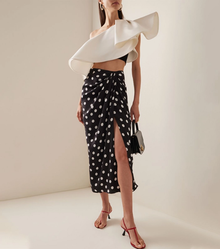 One Shoulder Ruffle Polka Dot Printed Bikini Swimsuit and Sarong Flaxmaker