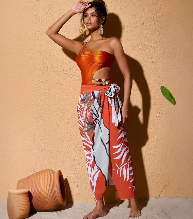 Beaded Cutout One Shoulder One Piece Swimsuit and Sarong Flaxmaker