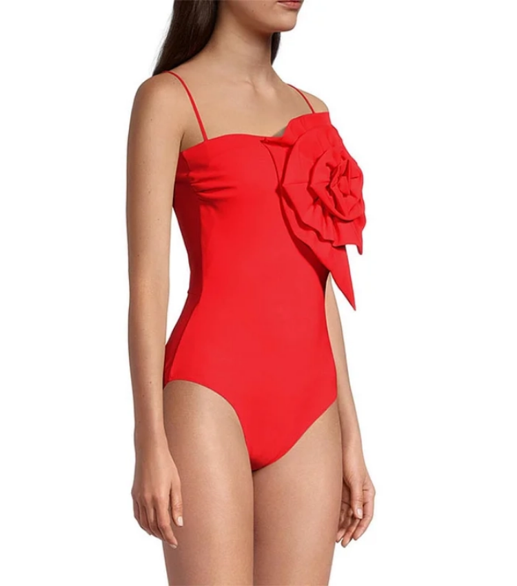 3D Flower Removable Strap Red One Piece Swimsuit and Sarong Flaxmaker