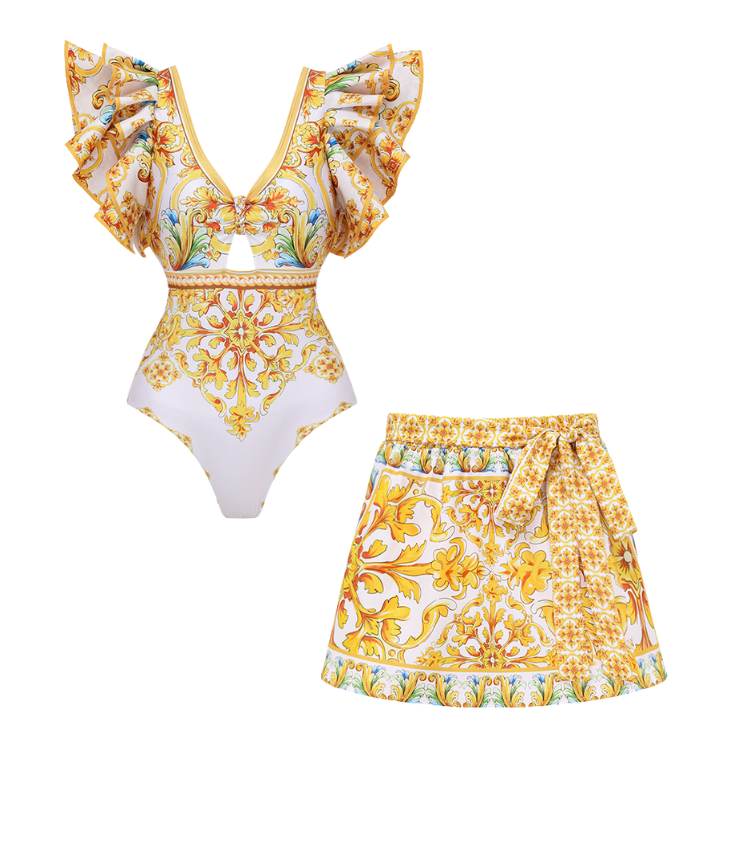 Ruffle V Neck  Golden Majolica Print One Piece Swimsuit and Scooter skirt