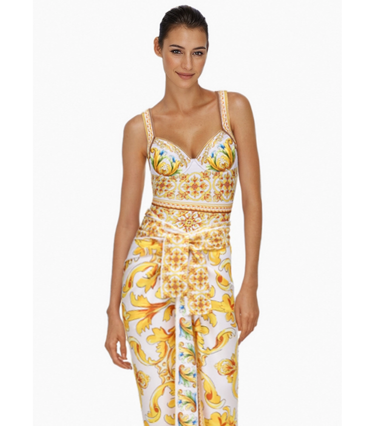 Sling Chest Support Golden Majolica Print One Piece Swimsuit and Sarong or Shorts