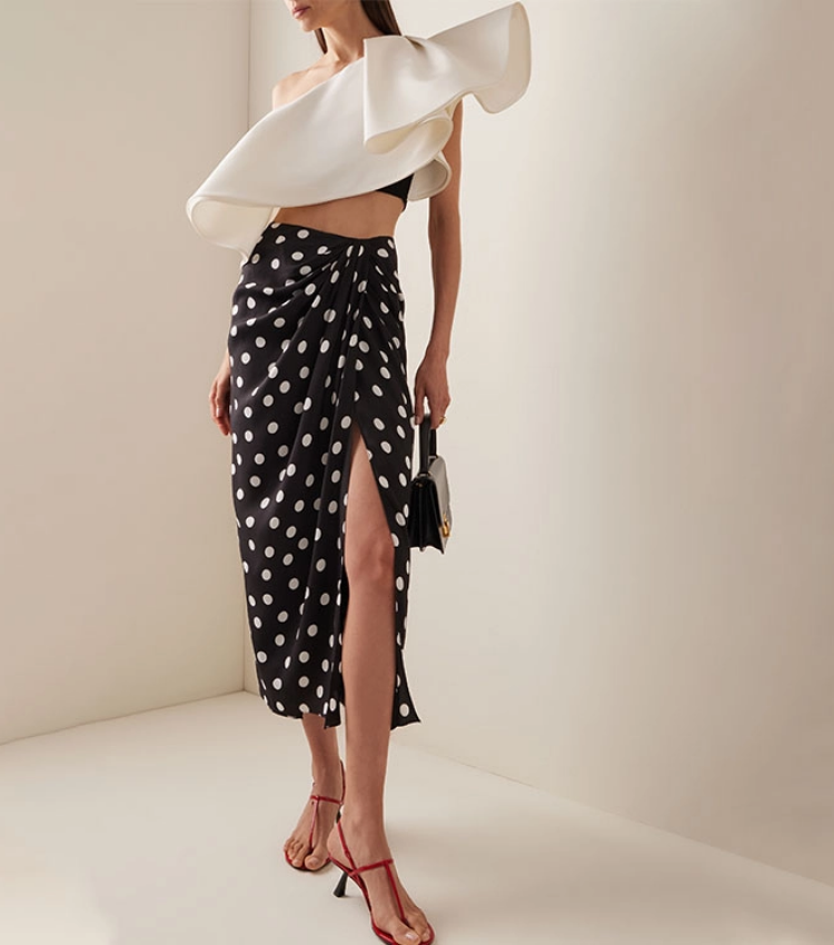 One Shoulder Ruffle Polka Dot Printed Bikini Swimsuit and Sarong Flaxmaker