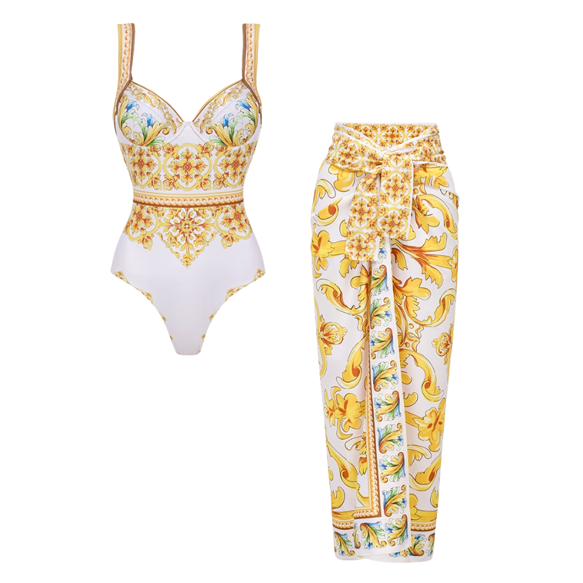 Sling Chest Support Golden Majolica Print One Piece Swimsuit and Sarong or Shorts